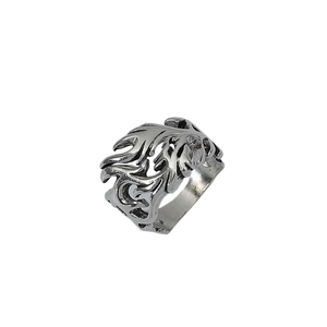Macro detail of gothic silver flame ring with vintage oxidized finish and镂空 textures
