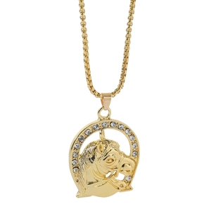 Gold-plated horse head and horseshoe pendant necklace with clear crystals on cross chain