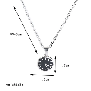 Technical diagram of clock pendant necklace showing 50cm chain and 1.3cm charm dimensions