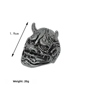 Detailed view of punk Hannya mask ring in vintage steel finish with 1.9cm height