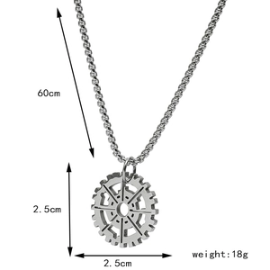 Detailed size chart for men's silver gear compass pendant necklace with 60cm square chain