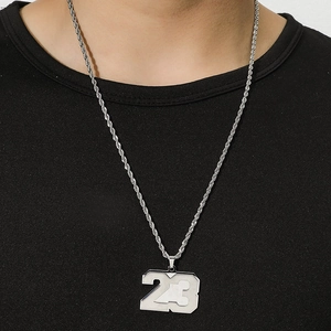 Mens hip hop necklace with silver number 23 pendant and stainless steel rope chain