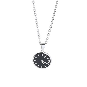 Minimalist clock dial pendant necklace with silver stainless steel chain for couples