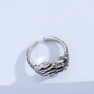 Retro hug hands open ring in vintage silver finish with punk style skeletal texture