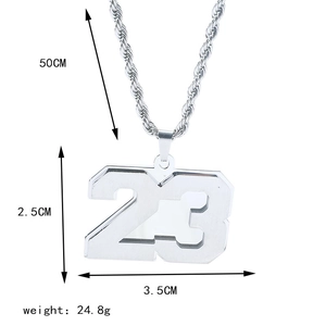 Detail view of hip hop style number 23 pendant with chain and 50cm length dimension