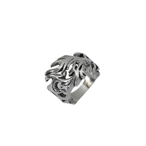 Vintage oxidized silver dragon ring with intricate flame patterns and hollow carving