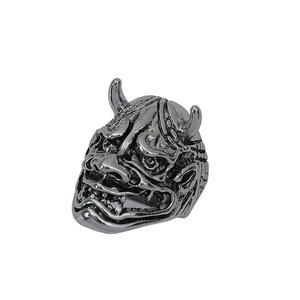 Gothic punk Hannya mask ring in vintage stainless steel with detailed demon horns and tusks