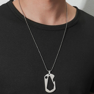 Men's silver stainless steel multi-tool pendant necklace with bottle opener and wrench