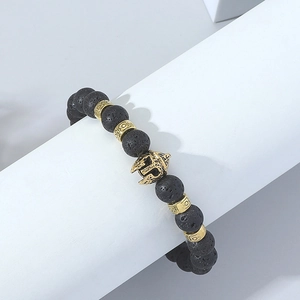 Vintage Spartan Helmet Lava Stone Turquoise Beaded Bracelet For Men Retro Alloy Helmet Charm Elastic Wristband Jewelry Gift