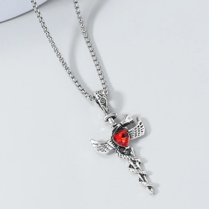 Collier Pendentif Épée Gothique Alliage Serpent Aile Cœur Rouge Gemme Punk Rétro Hip Hop Bijoux