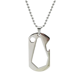 Macro shot of versatile stainless steel pendant with hex wrench and bottle opener function