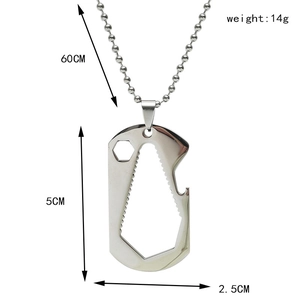 Detail view of silver military tag pendant with integrated bottle opener and wrench functions