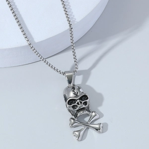 Vintage Punk Skull And Crossbones Pendant Necklace Alloy Distressed Gothic Hip Hop Box Chain Necklace For Men Jewelry