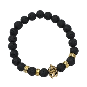 Men's black lava rock beaded bracelet featuring a golden Spartan helmet charm and accents