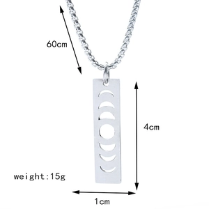 Polished silver rectangle pendant showing moon phase cutout details and 60cm chain length