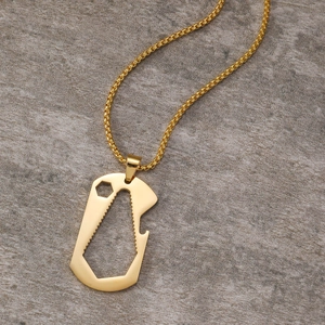Close-up of golden multi-functional bottle opener pendant necklace with wrench tools
