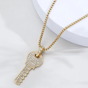 Collier Pendentif Clé en Alliage avec Strass Plaqué Or Chaîne Vénitienne Bijoux de Mode Style Hip Hop pour Homme Femme Cadeau