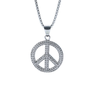 Silver tone peace sign pendant necklace with iced out rhinestones on cuban link chain