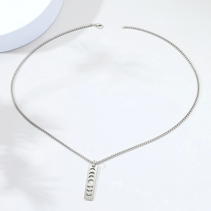 Minimalist silver stainless steel military tag necklace with cutout moon phase design