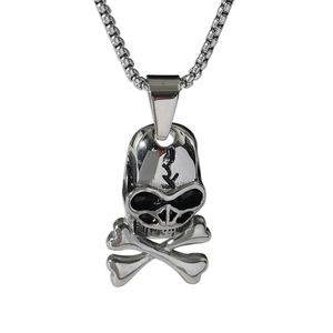 Gothic skull and crossbones pendant necklace in polished silver stainless steel