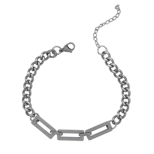Minimalist silver titanium steel chain bracelet with geometric hollow block design