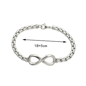 Detailed view of infinity symbol bracelet with square links and adjustable clasp