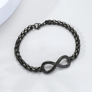 Detail of gunmetal infinity symbol bracelet with square box chain and lobster clasp