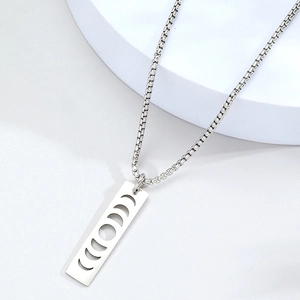 Minimalist stainless steel moon phase military tag necklace with hollowed-out pendant design