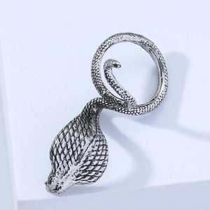 Punk style cobra snake open ring in antique silver finish with detailed scale texture