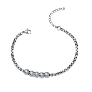 Bracelet chaîne box en acier inoxydable poli avec cinq perles rondes et fermoir mousqueton