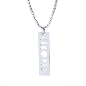 Minimalist stainless steel rectangular pendant necklace with moon phase cutout details
