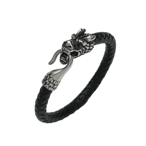 Bracciale da uomo in pelle nera intrecciata con chiusura a testa di drago d'argento