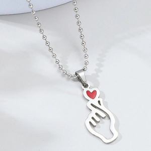 Minimalist Stainless Steel Finger Heart Sign Pendant Necklace For Men Women Enamel Red Heart Detail Ball Chain Trendy Jewelry