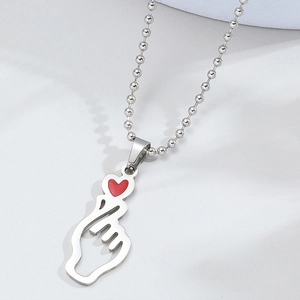 Silver hollow finger heart pendant necklace with red heart detail on bead chain