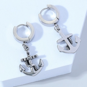 Macro view of nautical anchor drop earrings with rope detail in polished stainless steel