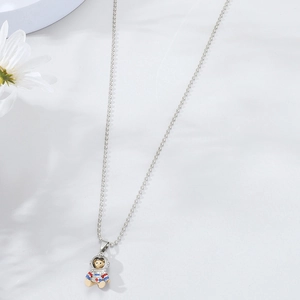 Titanium steel necklace featuring a cartoon astronaut bear pendant on a silver bead chain