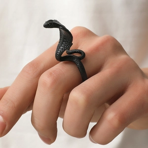 Punk style matte black cobra snake ring with realistic scale texture for men