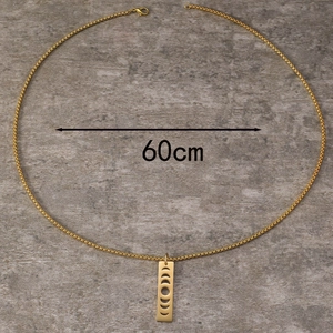Detail of 60cm gold sun and moon rectangular hollow pendant with box chain