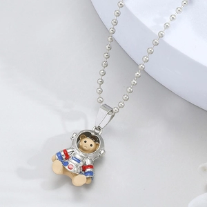 Cute astronaut bear titanium steel pendant necklace with silver bead chain for men