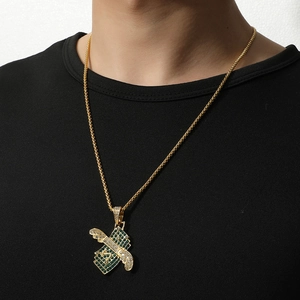 Hiphop gold chain for men with iced-out green dollar bill and wing pendant necklace