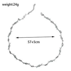 Barbed wire necklace detail showing 24g weight and 57cm plus 5cm length specifications