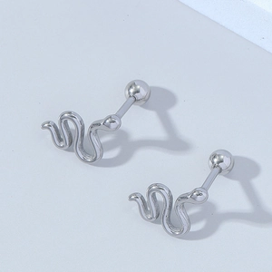 Minimalist silver snake-shaped stud earrings in polished stainless steel for women
