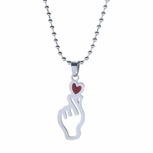 Minimalist silver heart gesture necklace with red stone and round bead chain jewelry