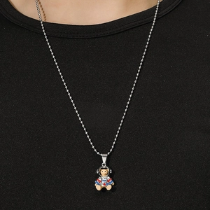 Cartoon astronaut bear pendant necklace in titanium steel with silver ball chain