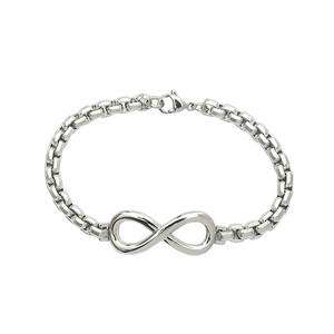 Silver stainless steel Rolo chain bracelet featuring a polished infinity symbol charm