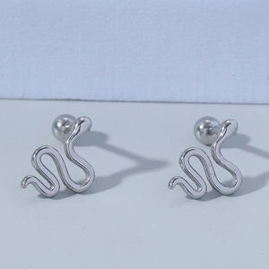 Minimalist silver snake stud earrings with elegant curved wave design and screw ball backings