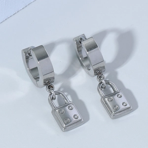 Silver punk padlock drop earrings in polished stainless steel for men and women