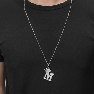 Silver crown initial M pendant necklace with sparkling diamonds for men and women
