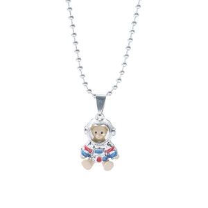 Cartoon astronaut bear pendant necklace in titanium steel with a silver bead chain style