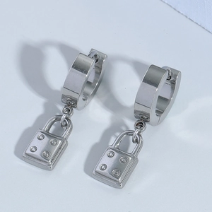 Silver polished stainless steel padlock hoop earrings for men in punk aesthetic style